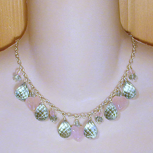 Aqua Quartz Briolette & Rose Quartz Heart Necklace